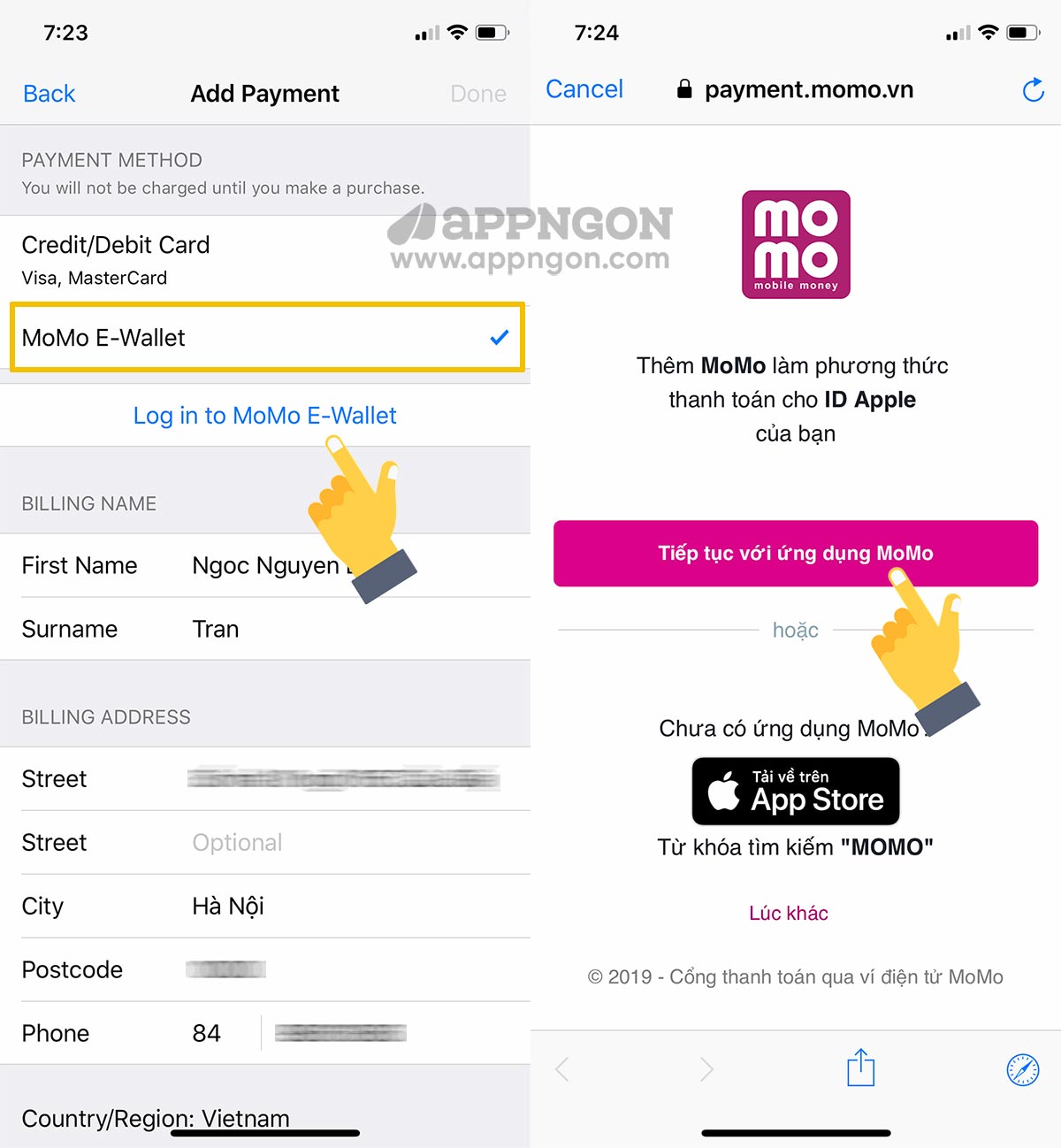 Chọn phương thức thanh toán là MoMo E-Wallet