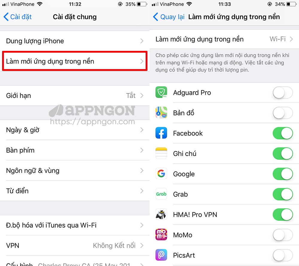 Làm mới ứng dụng trong nền