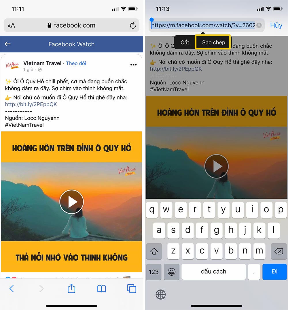 Dán đường link video facebook vào Safari