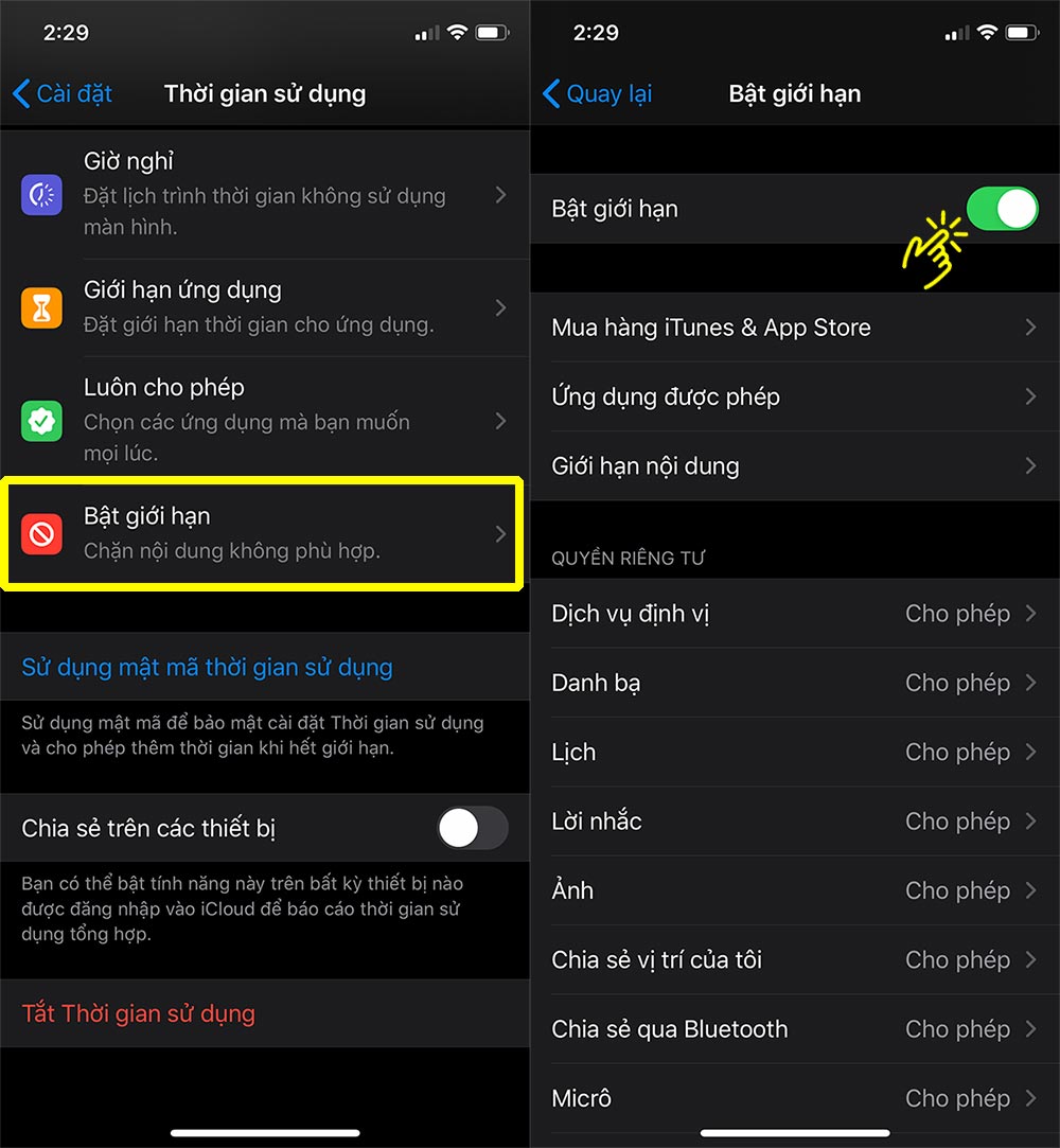 Bật tính năng giới hạn