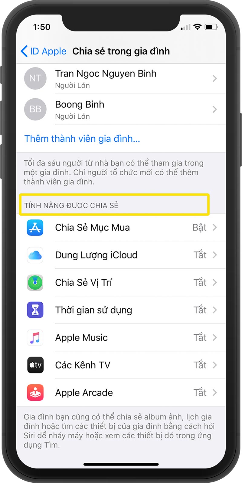 Thiết lập các tính năng được chia sẻ