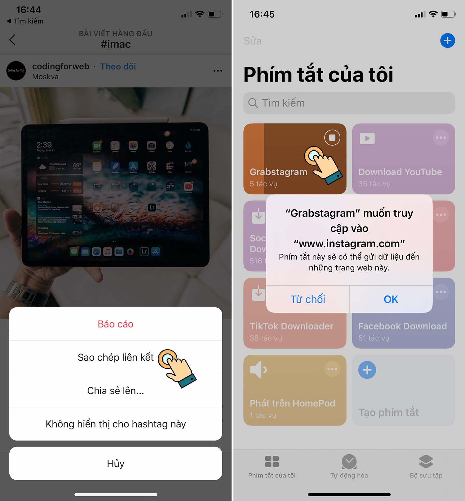 Sao chép liên kết và chạy Grabstagram