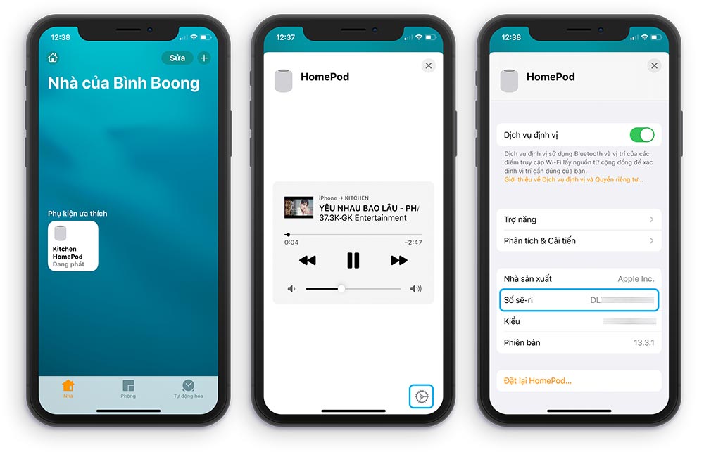 Tìm số seri HomePod trong ứng dụng Home
