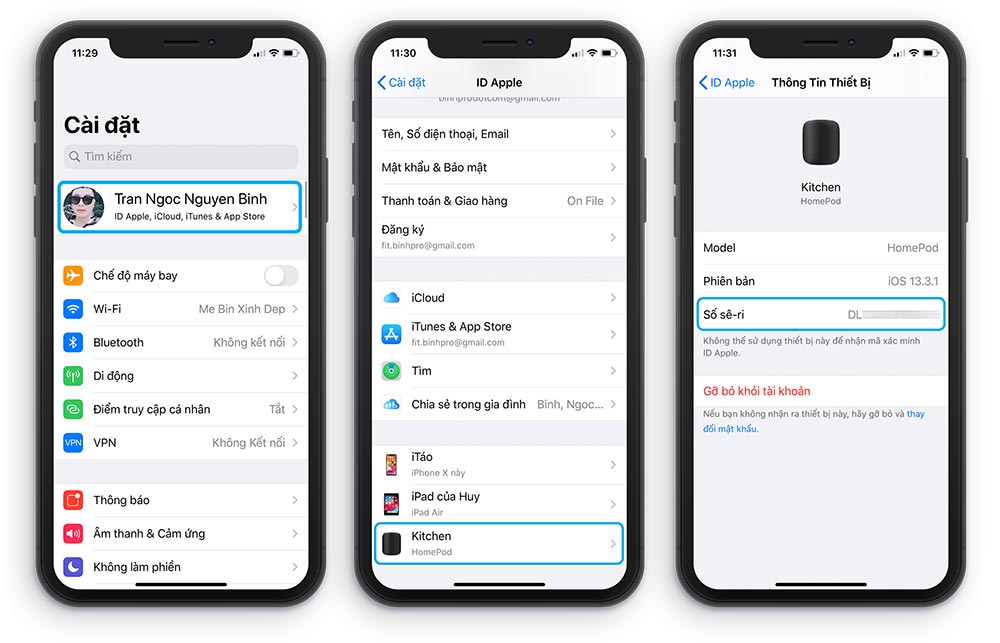 Tìm số seri HomePod trong cài đặt