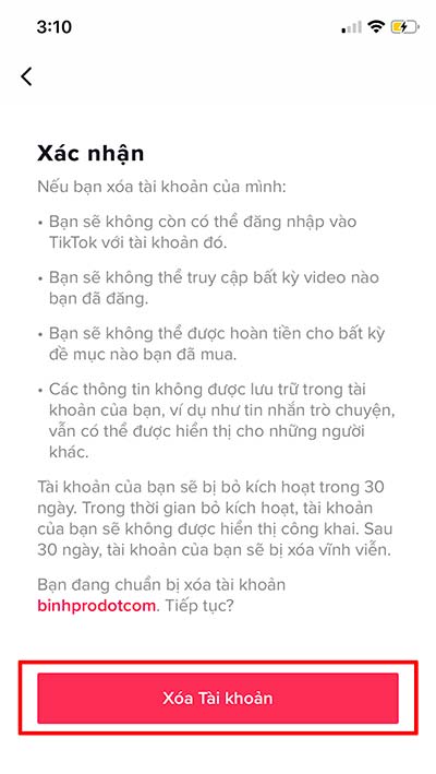 Chọn xóa tài khoản TikTok