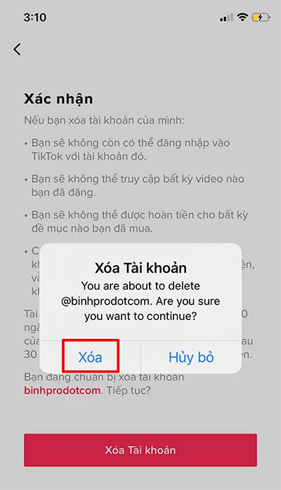 Đồng ý để xóa tài khoản TikTok