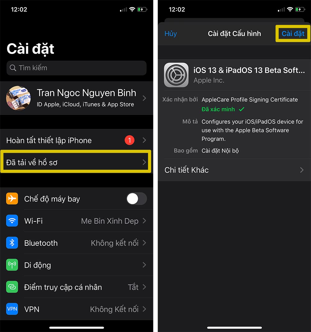 Cài đặt hồ sơ