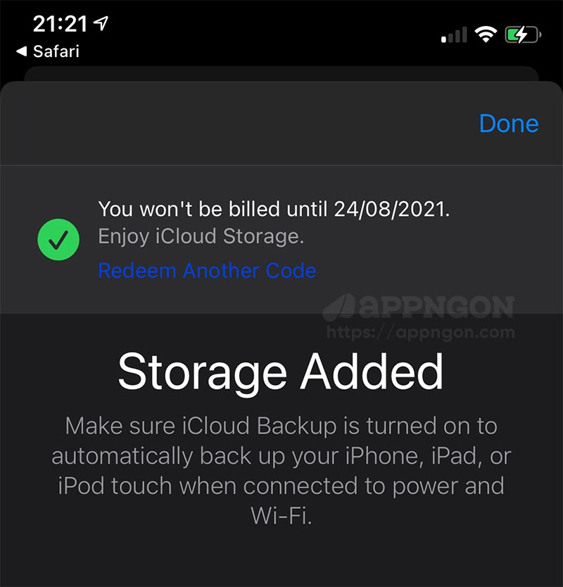 Đổi thành công 50GB iCloud trong 9 tháng