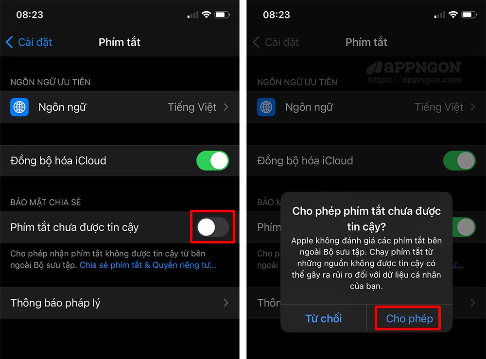 Bật Phím tắt chưa được tin cậy