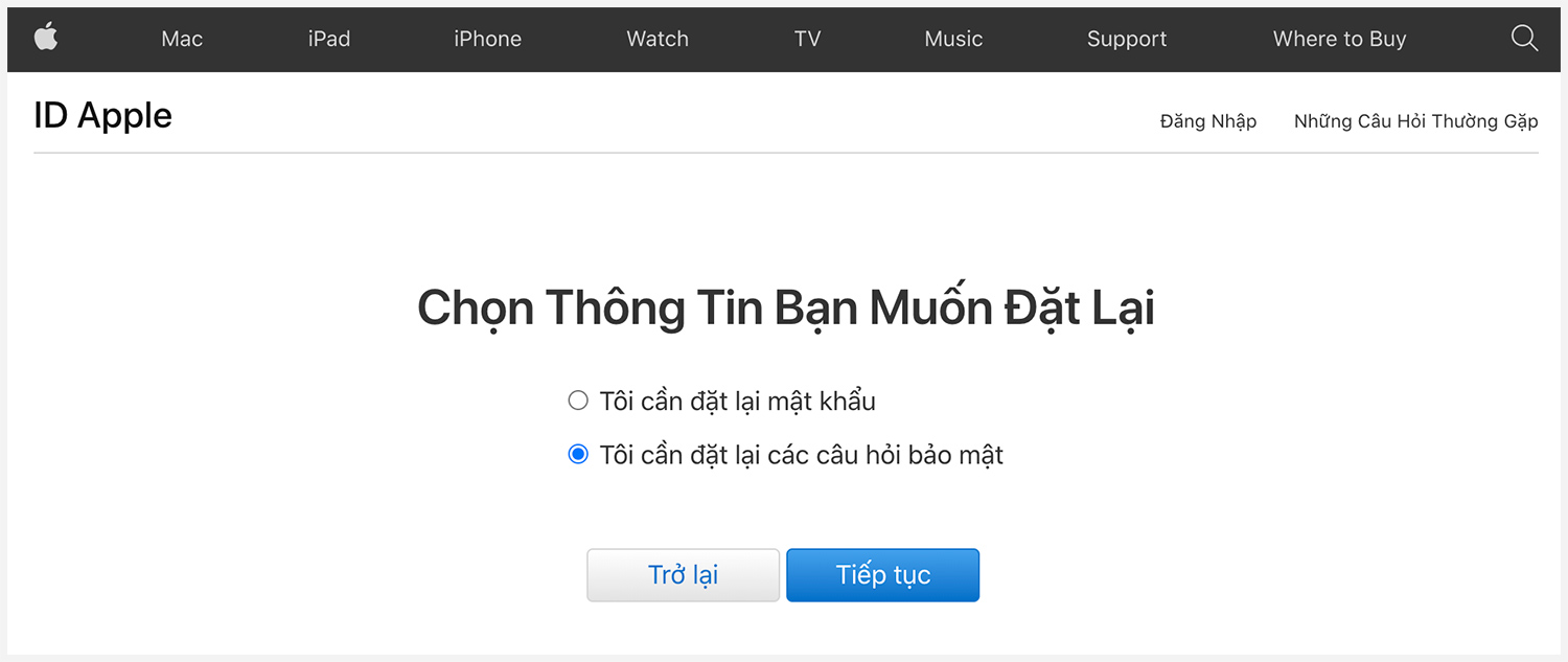 Chọn tùy chọn đặt lại câu hỏi bảo mật