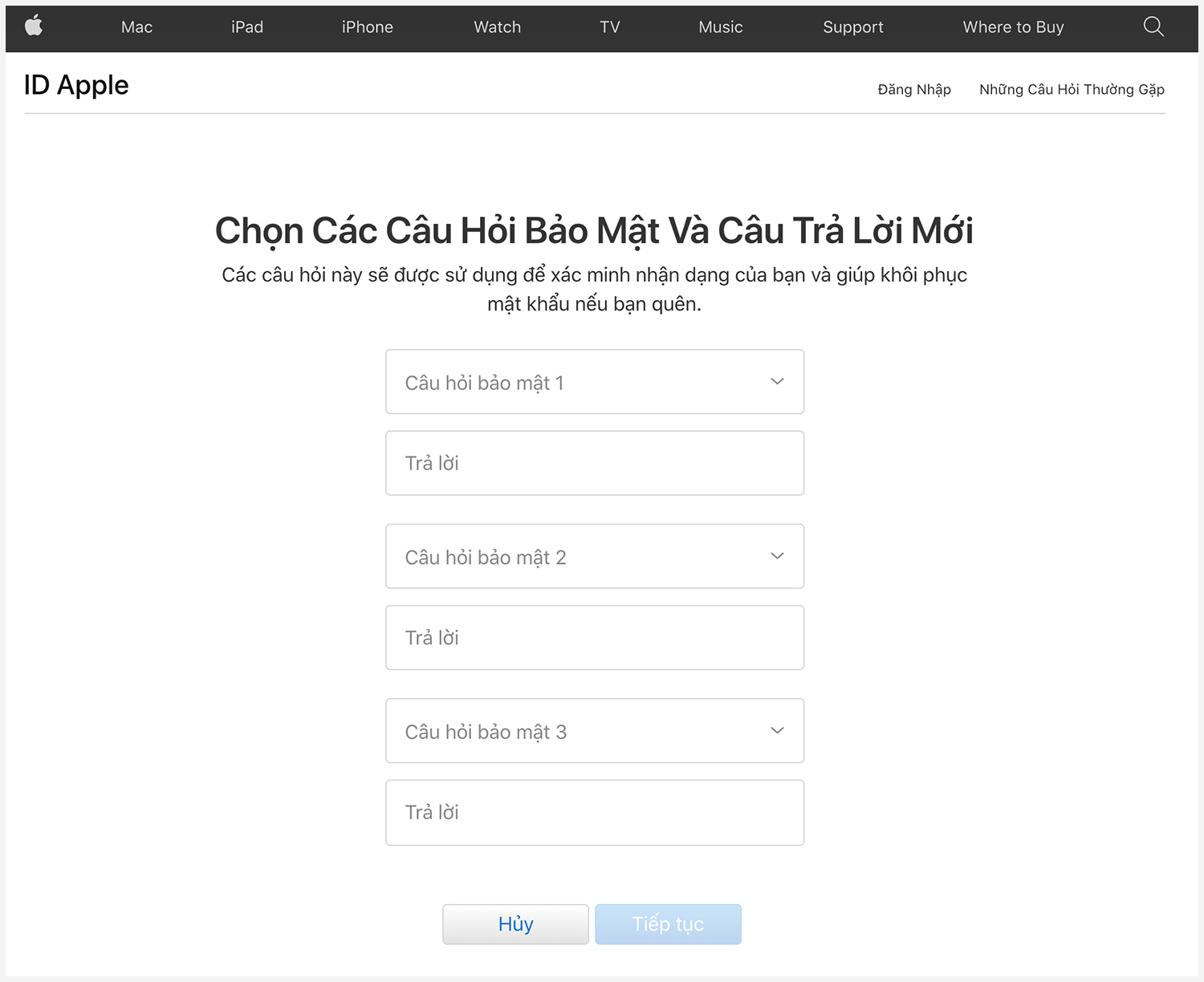 Chọn câu hỏi bảo mật và câu trả lời mới