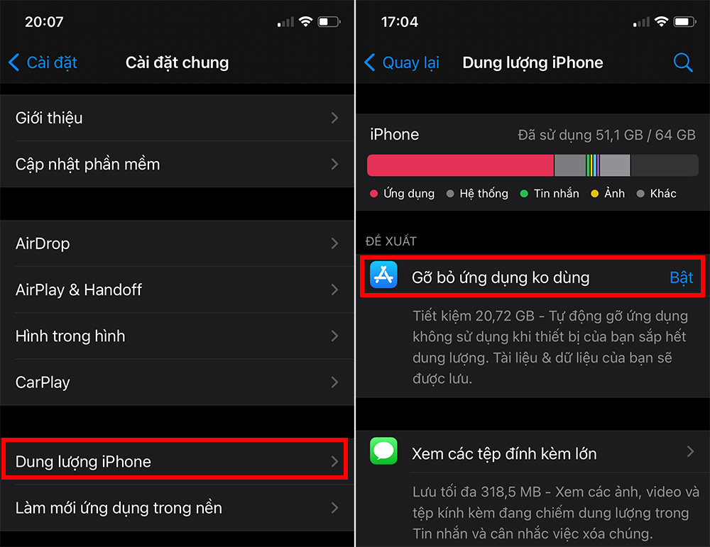 Bật Offload Unused Apps tự động