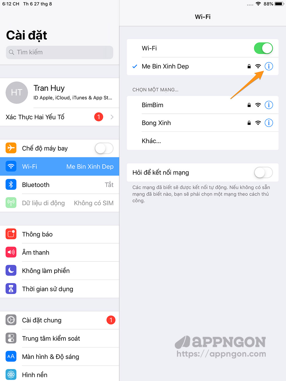 Nhấn vào biểu tượng chữ i cạnh tên Wifi