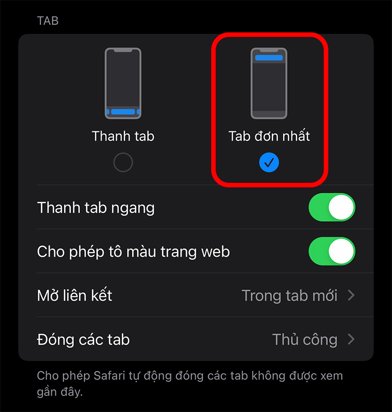 Chọn Tab đơn nhất