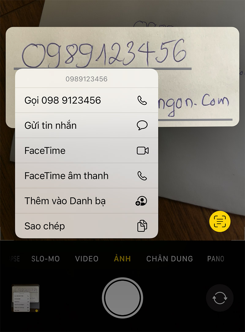 Live text nhận dạng số điện thoại