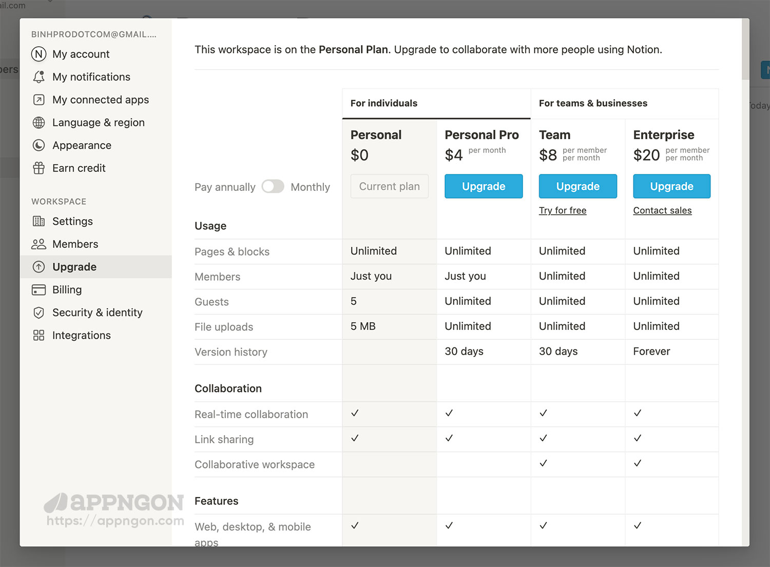 Upgrade Notion Personal Pro