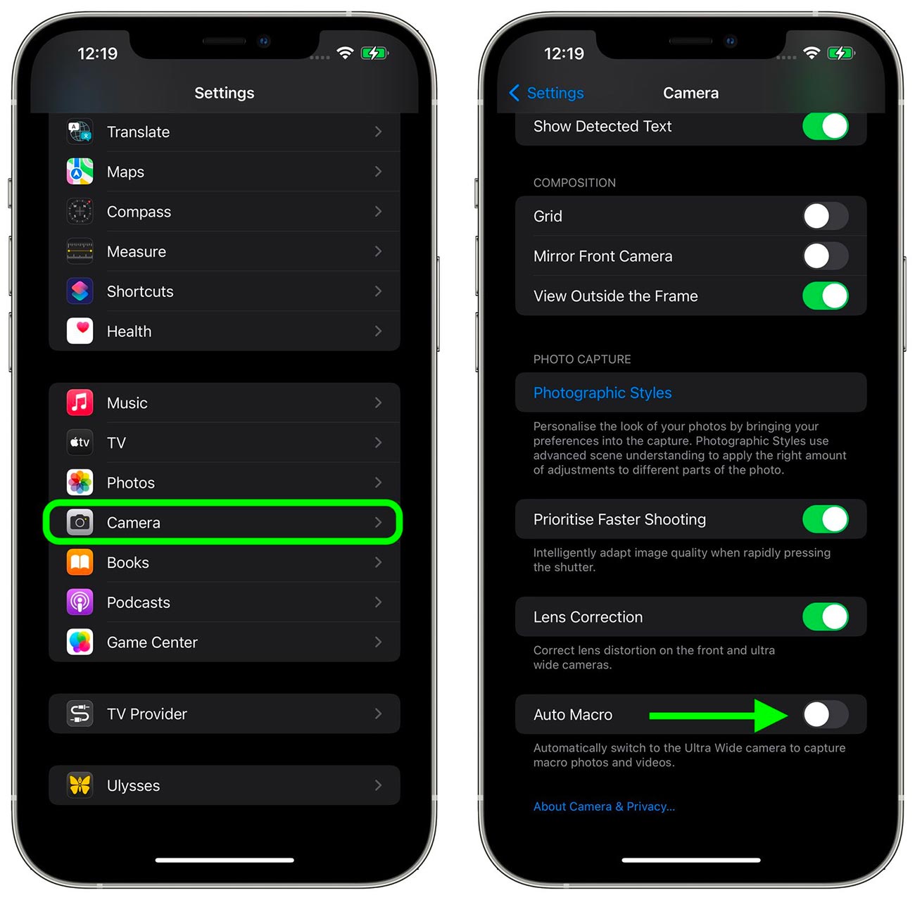 bật tắt Auto Marco iOS 15.1