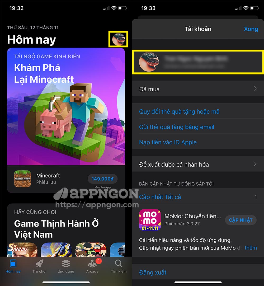 Nhấn vào biểu tượng cá nhân