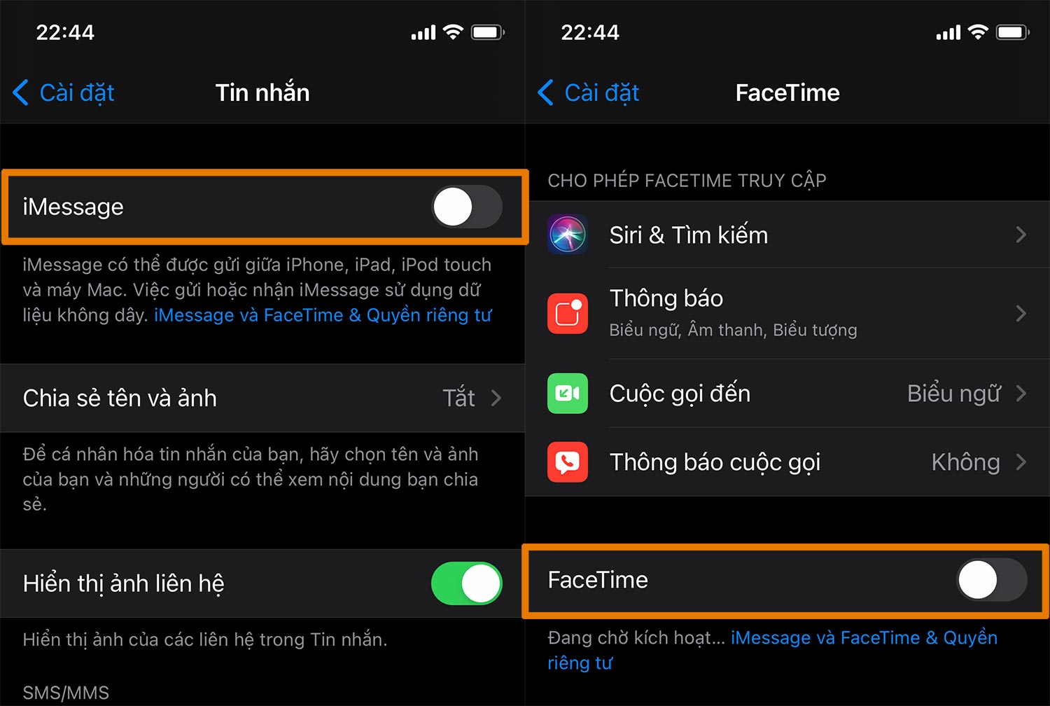 Tắt iMessage và FacTime